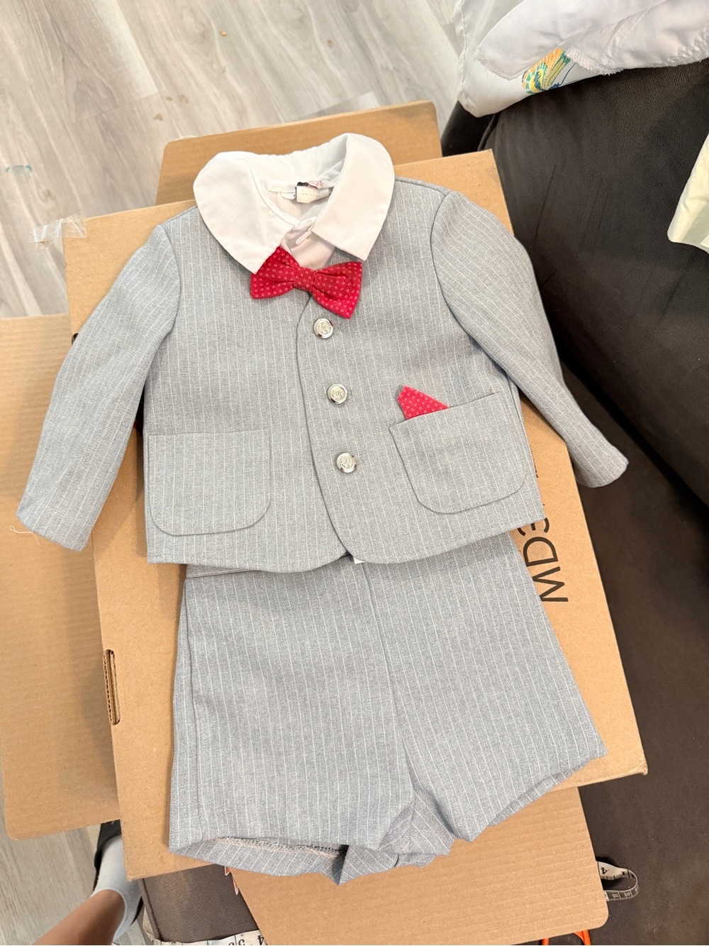 Good Lad Light Gray Pinstripe Button Down Shirt & Shorts Set with Red Bow Tie